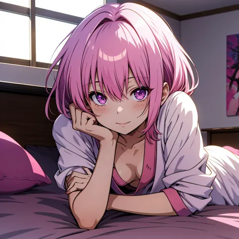 Momo Belia Deviluke has short pink hair and purple eyes. In the To LOVE-Ru manga, straightened her hair out She also has two small flowers on her hair. naked on bed  