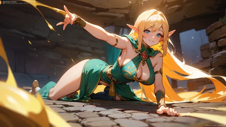 Anime Style,Nostalgic,Detailed background,The medieval world,A busy cave full of people,A beautiful elf bard with a flashy hair color and a smile,Large Breasts,Healthy thighs,Underarm,On all fours