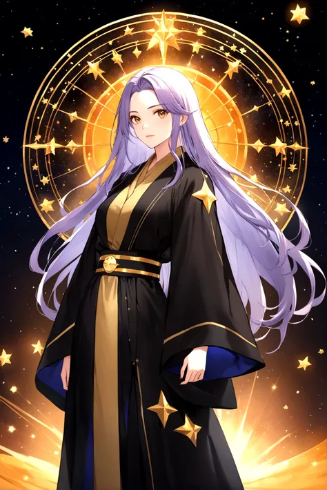 Dark ancient robe，Dotted with golden stars，Sophisticated attire，Long hair，female，Astrologer，1.85 meters