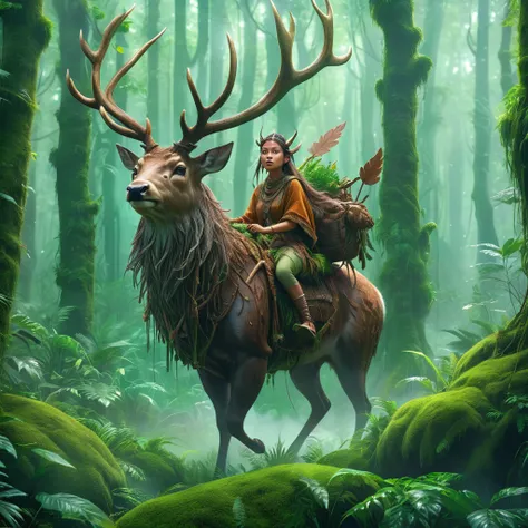 Best quality, hyper realistic, ray tracing, a forest tribe girl riding a giant stag in the lush green forest, shrouded in mist, weird and strange transparent creatures around. 