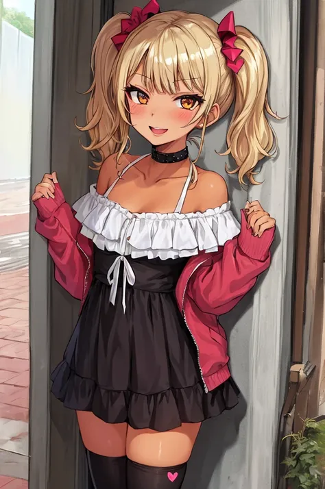 1girl,,tanned body,twintail,,,looking viewer,,,(((Gyaru))),glossy lips.(spoken heart),smirk,open mouth,outdoor,dress,off shoulder,miniskirt,thighhighs,