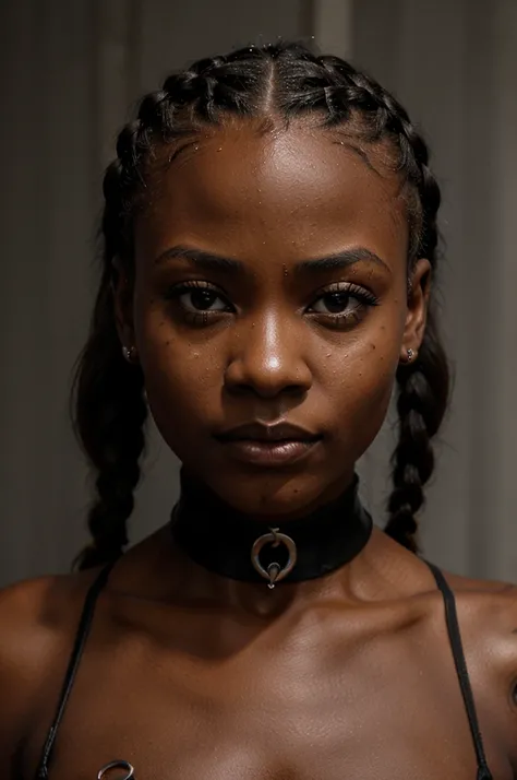 congolese girl, (very young, adolescent), (braided hair, very small breasts, very skinny, nose ring, tatoos, fearful, scared), (black latex bodysuit, choker), (close shot, face shot, intimate camera, realistic, photorealistic)
