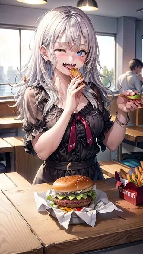 1 beauty，17-year-old high school girl, Watery Big Eyes，(Happy smile)，long eyelasher, Blushlush，Black Perm Hair,At a table in a fast food restaurant, (Close your eyes, Smile and open your mouth wide), ((Gnawing on a grabbed hamburger with both hands)),(Eat ...