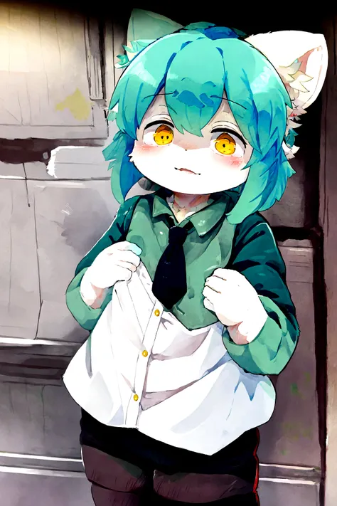 A dragon with yellow eyes light blue skin with 2 small yellow horn on head with white eyebrow hair 2 color white and dark blue with bear on both cheeks, have the height 178cm, Wearing a blue and dark green jacket with a few yellow lines inside, wearing a w...
