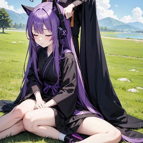 1 person. Anime girl with long purple hair and black robe. Pointy ears. Cute as in manga. Sitting on grass with eyes closed. Headphones.