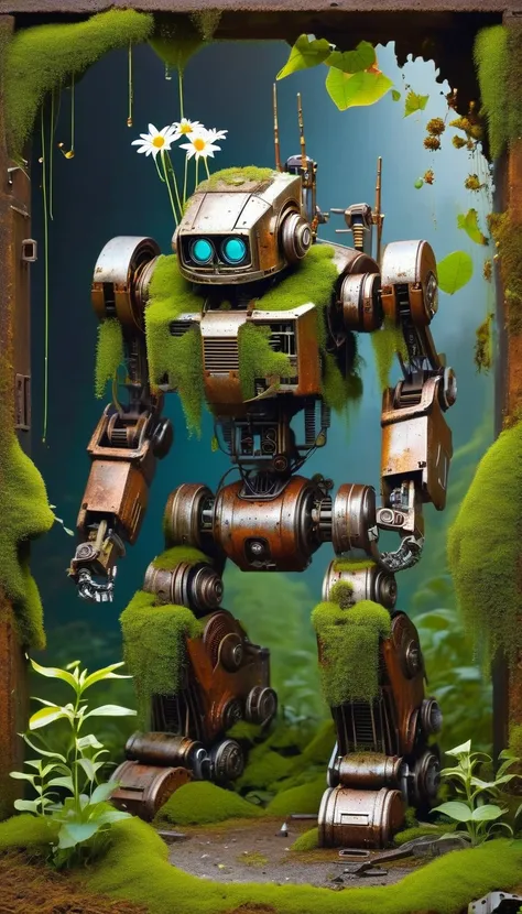 （best quality，masterpiece：1.2，detailed detailechanical robot in the corner，Broken mecha robot，Old，stale，long time ago，Rusty，moss，weeds，A small white flower