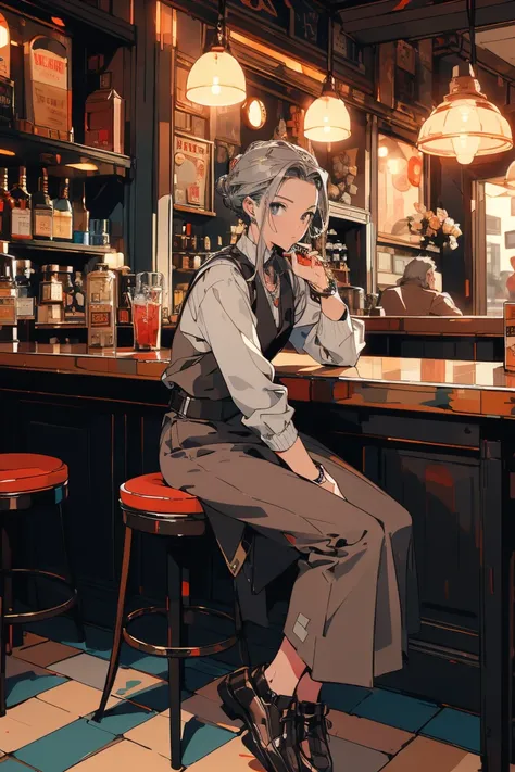 Highest quality, (8K, 16K, Awards, Highest quality, High resolution, Super Detail,  gender: Male Age group: Hairstyle and color for 60s: Gray Hair、Slicked back person pose: Drinking alcohol with a cigarette nearby: Serious gaze: Front Clothing and Decorati...