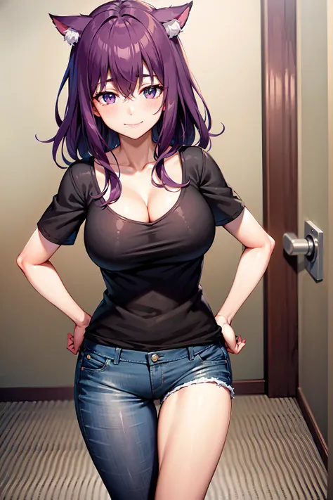 mature women, KuuneCPC, purple long hair, hair between eyes, dark purple eyes, cat ears, large , short sleeves plunge tee, cleavage, tucked in, blue jeans, blushing, closed mouth, smile, masterpiece, 8K, HD, perfect face, high quality, best quality, extrem...