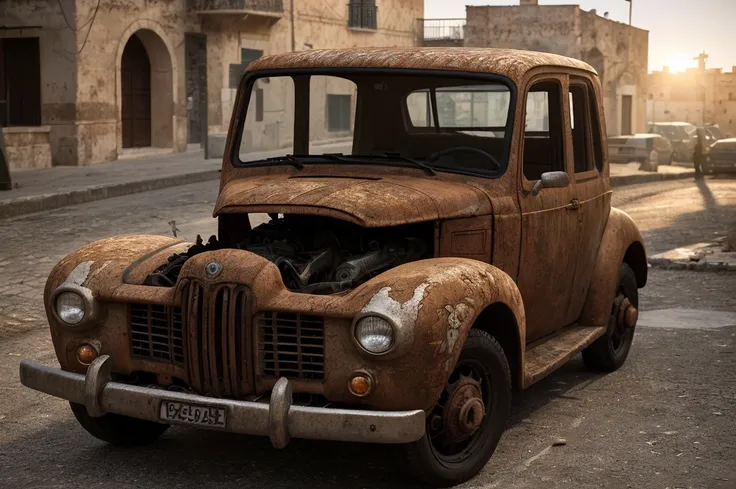 Car scrapped and rusted, (scrapped and rusted car in the sassi_di_matera:1.3), [The car (complete) is surrounded by mist, evoking a mysterious and eerie atmosphere. The lighting is dark and atmospheric, with a red smoke adding a touch of sinister ambiance....