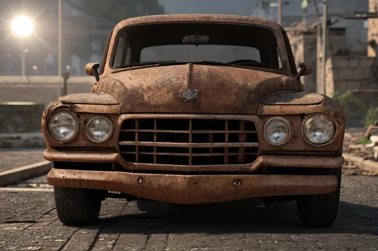 Car scrapped and rusted, (scrapped and rusted car in the sassi_di_matera:1.3), [The car (complete) is surrounded by mist, evoking a mysterious and eerie atmosphere. The lighting is dark and atmospheric, with a red smoke adding a touch of sinister ambiance....