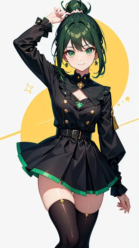 Magical girl　Black costume　Mini skirt dress　Green hair ponytail　smile　Great style　universe space