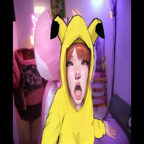 there is a cartoon picture of a  in a pikachu costume, real life pikachu, kemonomimi, pikachu on acid, pikachu as a human, rin, surprised pikachu, sonichu, pikachu, けもの, pixiv 3dcg, at pixiv, popular on pixiv, top rated on pixiv, sakimichan, woman, big lip...