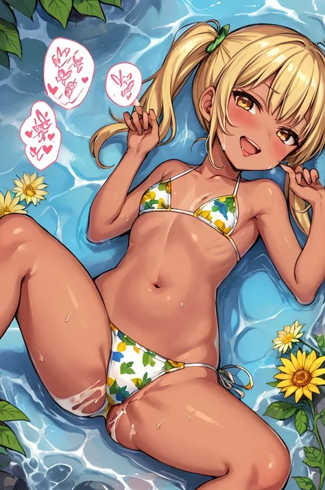 1girl,,tanned body,twintail,,lying on back, on ground,,open legs,spread legs,outdoor,flower print bikini,looking viewer,,,(((Gyaru))),glossy lips.(spoken heart),smirk,open mouth,nature,(((nsfw))),from above