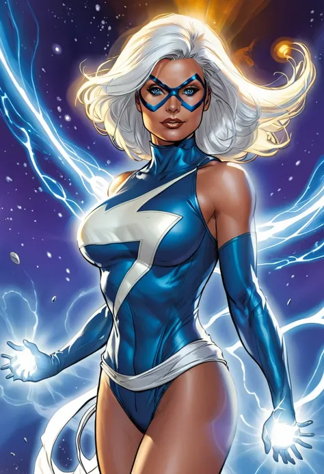 Centella, a Marvel avenger style Marvel Comics, with short and shiny hair, bright white and blue suit, capable of generating and controlling cosmic energy rays, fly at supersonic speeds, and resist strong impacts, whole body, female with big breasts naked 