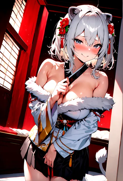 NSFW,masterpiece,Highest quality,High resolution,Super detailed,Shishirabotan(Hololive),Double Odango、flower、Side Lock、Lions tail、White kimono、Off the shoulder、fur ornament、Black Hakama、Short skirt,Bad smile,blush,(Red light district),Japanese-style room,S...