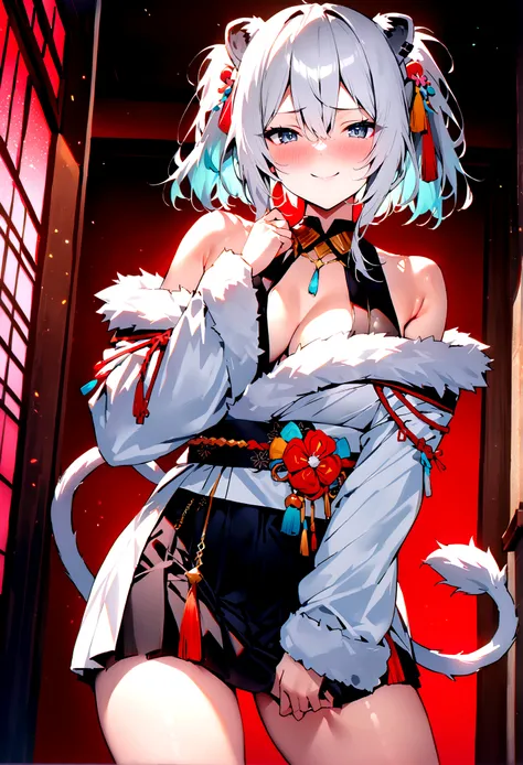 NSFW,masterpiece,Highest quality,High resolution,Super detailed,Shishirabotan(Hololive),Double Odango、flower、Side Lock、Lions tail、White kimono、Off the shoulder、fur ornament、Black Hakama、Short skirt,Bad smile,blush,(Red light district),Japanese-style room,S...