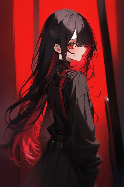 Red and black style，Black long hair，Waist-length hair，Red highlights on the back，curls，Red Eyes，The left eye pupil is a heart。There is a band-aid on the right corner of the face。