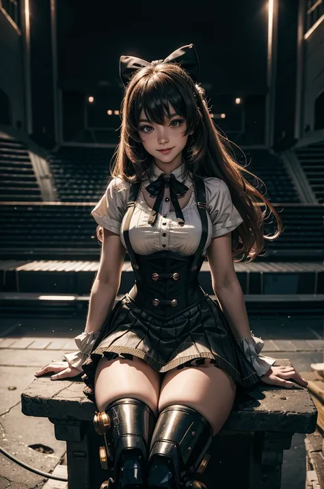 cowboy shot, (dynamic pose), smile,  underbust, Penny Polendina, long hair, neck ribbon, suspender skirt, corset, black bow, white blouse, mechanical legs, neon trim, sitting, in sport stadium, spectators, crowd, BREAK night, stars, moon, snow, BREAK  (vol...