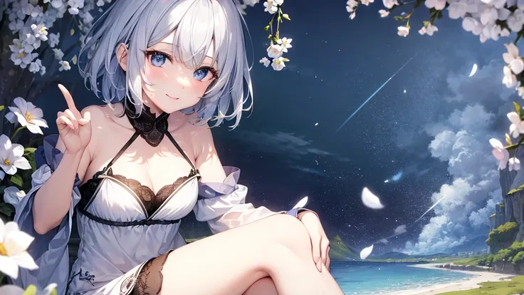 Ultra HD,Look at the viewers, Put your hands behind your back, With a girl, 20-year-old, 非常にShort Hair, Long bangs between the eyes, Pale blue eyes,  Very detailed,(masterpiece、Highest quality),Gray Hair、Laughter、Fantastic, Silver Hair, Iris,  Short hair、 ...