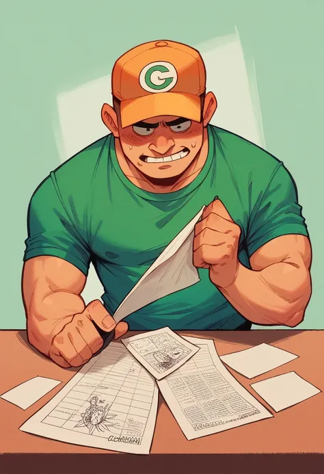 a little cartoonish man like with a cylindric body and an orange cap, and a huge pen in his hand, with a giant paper of checking list