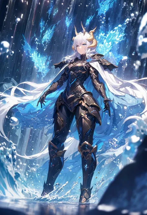 masterpiece, best quality, (Anime: 1.4), fantasy digital artwork, centaur-like figure, long flowing white hair, golden horns, black armor on shoulders and arms, dynamic pose,, surrounded by bees, turbulent oceanic scene, splashes of water, glowing particle...