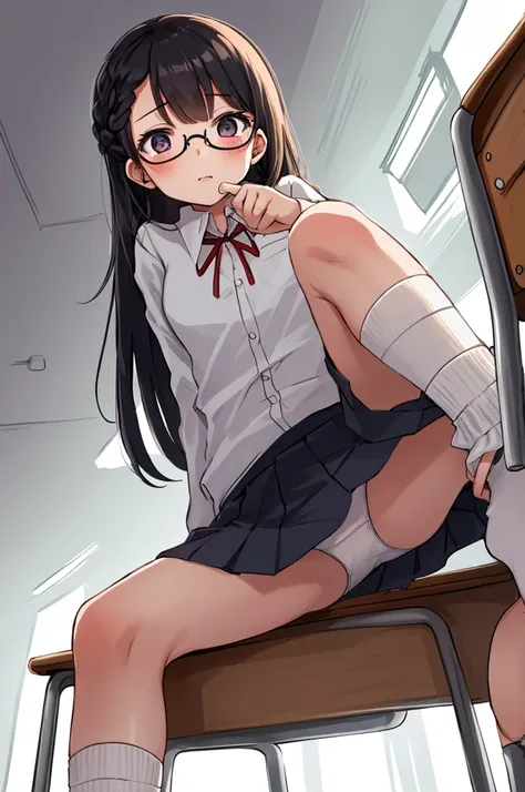 1girl,classroom,glasses,braid,uniform,miniskirt,socks,sitting on chair,(((,white panties))),from below,open legs,spread legs