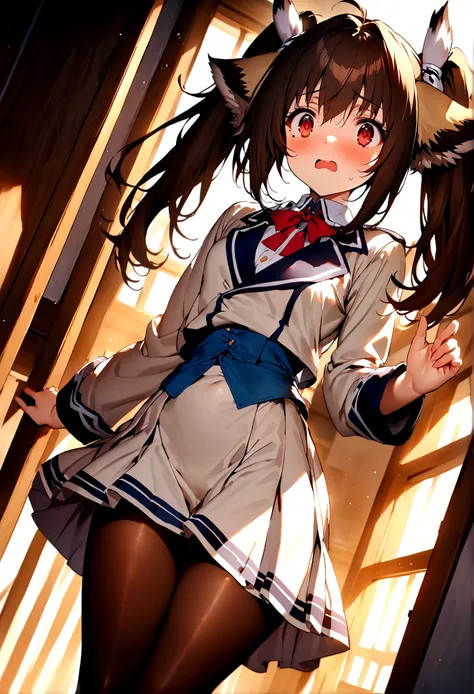 NSFW,masterpiece,Highest quality,High resolution,Super detailed,nekone (utawarerumono),Brown Hair、（Red Eye：1.3）、ribbon、Animal Ears、Twin tails、ヘアribbon、Mole、目の下のMole,Small breasts,uniform,mini skirt,pantyhose,Shocked face,Confused eyes,School