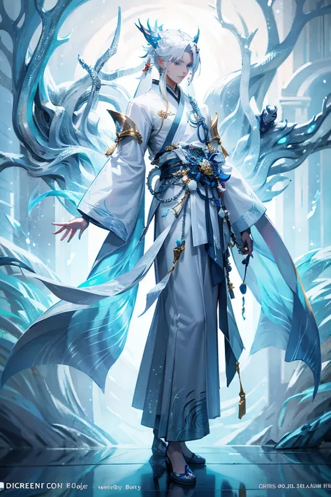 1 boy，Full body standing painting，(Detailed facial details, beautidful eyes, White hair、eBlue eyes)、Anime character in blue cloak, Gorgeous costumes, heise jinyao, Silas, onmyoji detailed art, onmyoji portrait, Official splash art, Splash ink art