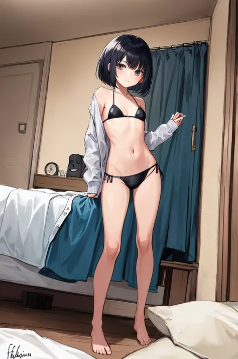 1girl,1boy,10yo,on bed,short hair,my room,bikini,looking viewer,,handsome,f,standing,bob hair