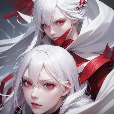 Boy, white hair, red eyes dragon, serious sharp features, white skin, pink lips, winter fashion.