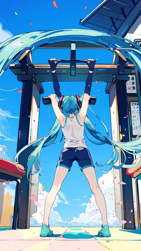 hatsune miku、stretching exercises、prepare for a workout、lean forward、long hair、long legs、whole body