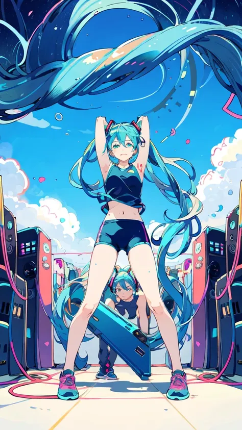 hatsune miku、stretching exercises、prepare for a workout、lean forward、long hair、long legs、whole body