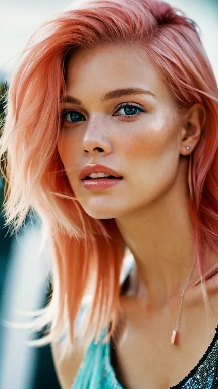 gritty candid raw  portrait, close-up photo of a young 20 year old beautiful, big lips, full body, high cheekbones, playful, Danish and Korean mixed race, fluidic breasts, long curly blonde and neon pink undercut hair, realistic skin texture, very tall and...