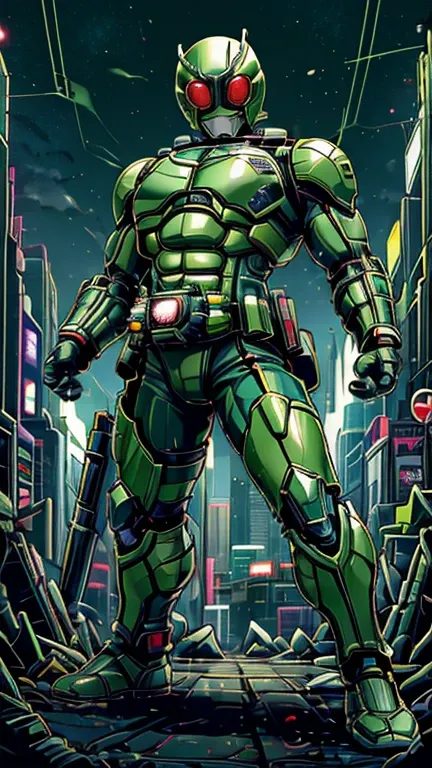 (8k),(masterpiece),(Japanese),(8-year-old boy),((innocent look)),((Childish)),From the front,smile,cute,Innocent,Kind eyes,Flat chest,green helmet, green domino mask,The Incredible Hulk,Bald,No Hair, Henshin Pose,night,dark, Neon light cyberpunk city,Kamen...