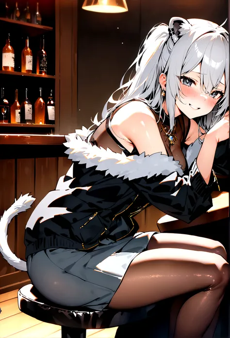 NSFW,masterpiece,Highest quality,High resolution,Super detailed,Shishirabotan(Hololive),Long Hair、Two Side Up、Earrings、Lion&#39;s Tail,necklace、Black Shirt、Sleeveless shirt、abdomen、See-through、Grey Skirt、片足pantyhose、pantyhose、fur-trimmed jacket、Black jacke...