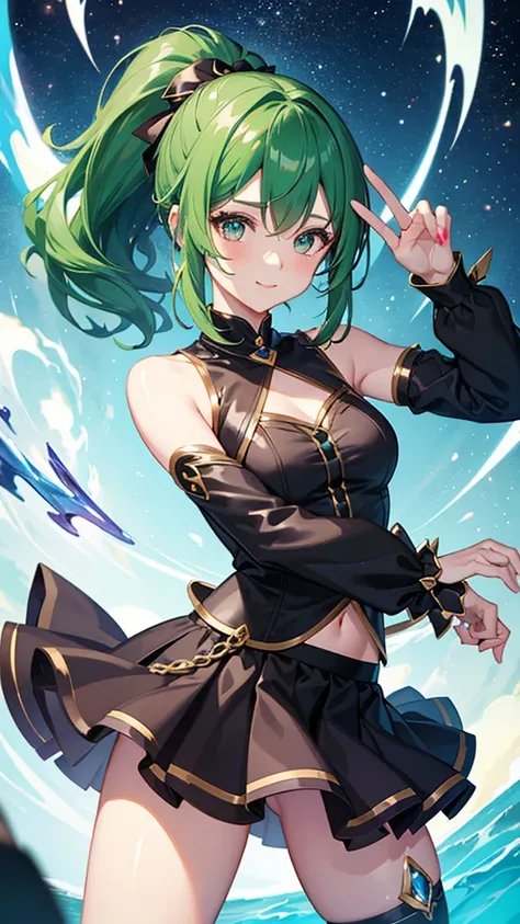 Magical girl　Black costume　Mini skirt dress　Green hair ponytail　smile　Great style　Directly facing　universe space