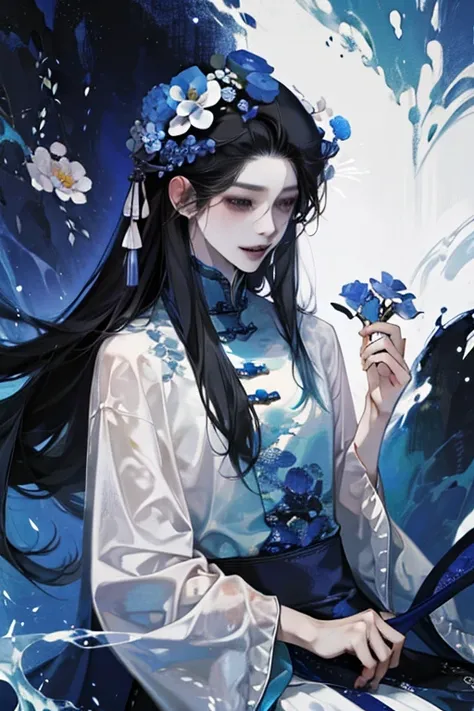 male性，male，Long black hair，long flowing hair，Laughing，Soft Lighting，water ink，Low saturation，Low contrast，flower，百合のflower束，Neat clothes