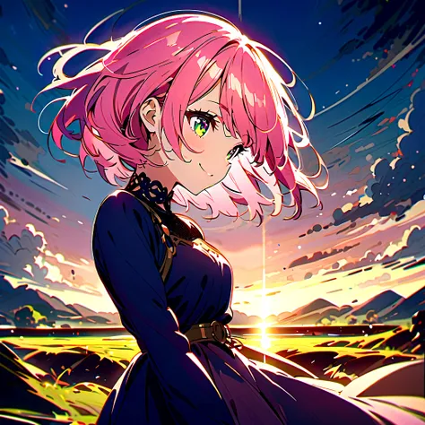 a pink-haired girl with a gun pointed at her head from the side、smile