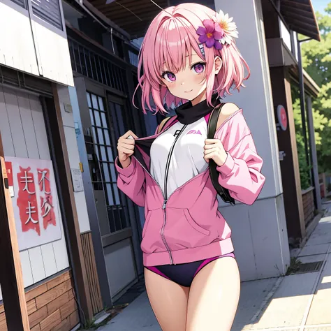 Momo Belia Deviluke has short pink hair and purple eyes. In the To LOVE-Ru manga, straightened her hair out She also has two small flowers on her hair. in swimmers