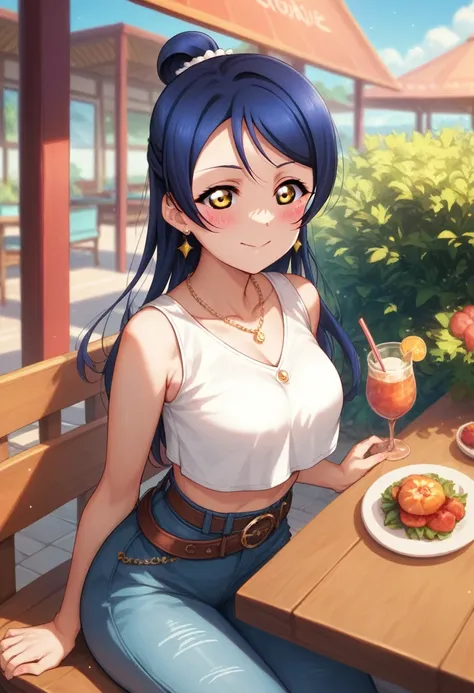 masterpiece, best quality,solo, cowboy shot,sonoda umi love live, crop top,high waist pants, day,golden eyes,(blushing:1.2),rest...