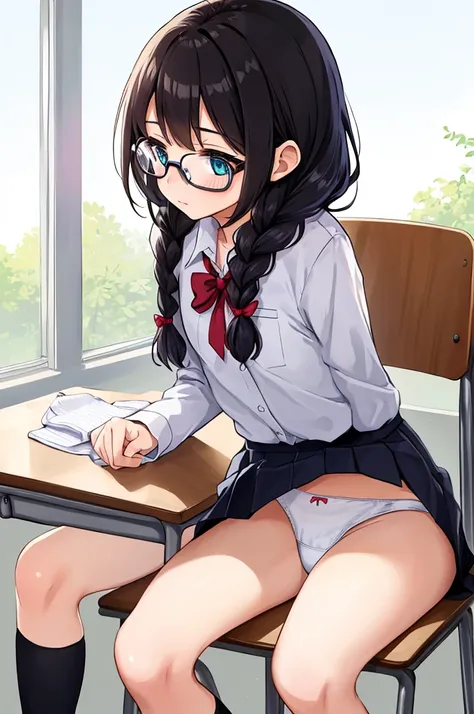 1girl,classroom,glasses,braid,uniform,miniskirt,socks,sitting on chair,(((,white panties))),,,looking away,from front