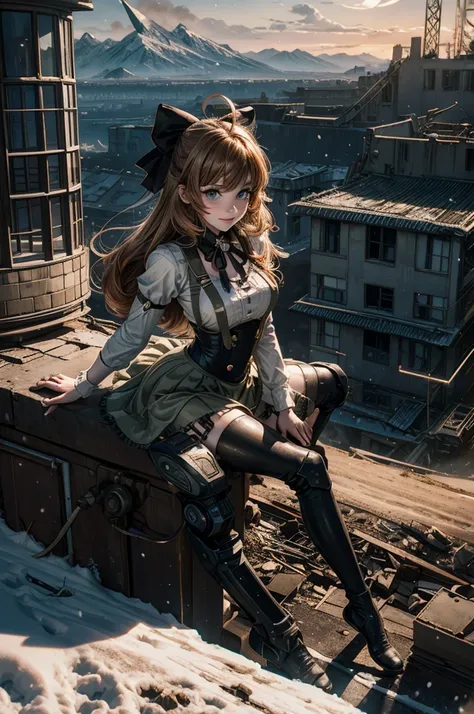 cowboy shot, (dynamic pose), smile,  underbust, Penny Polendina, long hair, neck ribbon, suspender skirt, corset, black bow, white blouse, mechanical legs, neon trim, sitting, ((people in city ruins on hill, overlooking valley)), BREAK night, stars, moon, ...