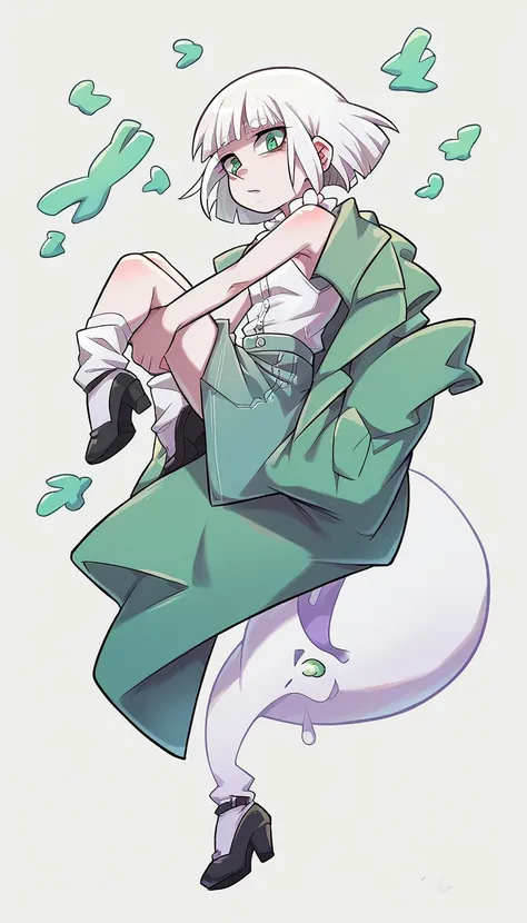  a tall girl with short albino white hair and a glittery green eye, she wears a white button-down blouse underneath a sleeveless green coat and a dark green maxi skirt with a pair of white socks with black heels carrying a flexible ghost katana.