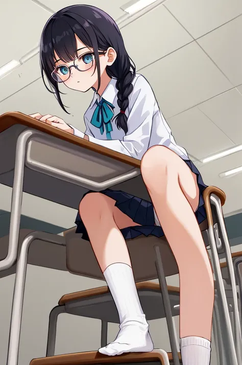 1girl,classroom,glasses,braid,uniform,miniskirt,socks,sitting on chair,(((,white panties))),,,looking away,from below,desk,study