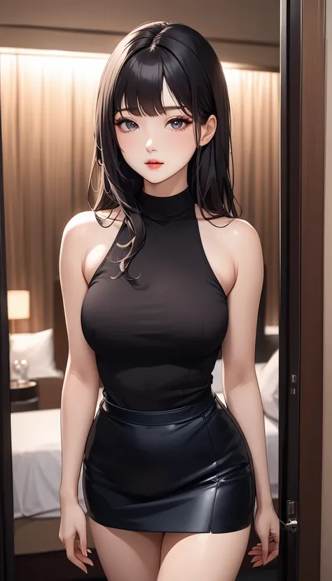 masterpiece, high resolution, beautiful woman, Korean Beauty, 30 years old, black sleeve less sweater, mini pencil skirt, beautiful woman, night hotel, looking at me, high resolution face, (high resolution eyes), black hair, curvy
