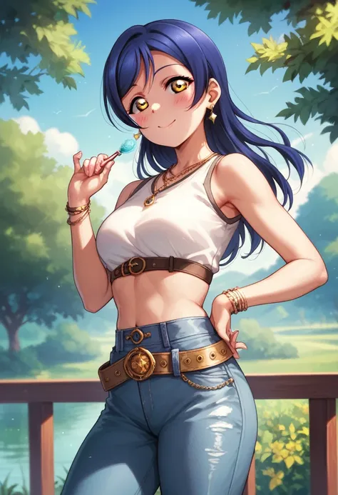 masterpiece, best quality,solo, cowboy shot,sonoda umi love live, crop top,high waist pants, day,golden eyes,blushing, simple wh...