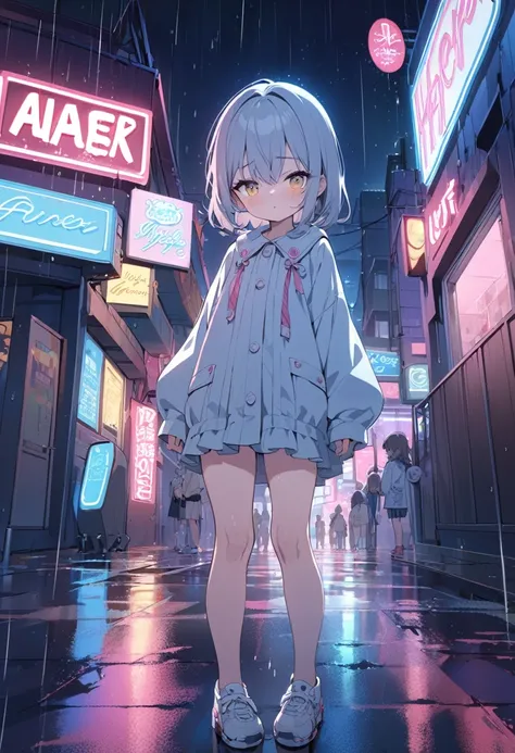 ((Best quality)), ((masterpiece)), (detailed), Anime girl, аниме night sky, stars, full length, poor lighting, neon light, rain, child, night sky, stars