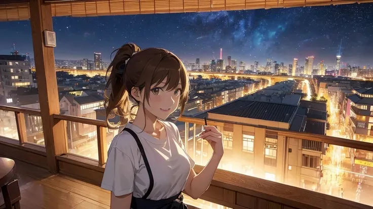 (Very detailed,High resolution,masterpiece:1.2）Japanese、Balcony of a high rise apartment･Balcony、Night view, Starry Sky、milky way、Light brown hair. Big fireworks、No sleeve、Short sleeve tops、(Highest quality:1.2), 20～40-year-old woman、Small breasts、Very det...