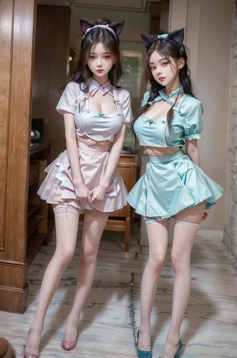 Two girls standing next to each other, they look like best friends, the one on the right is wearing a pink maid uniform, her hair is black and she has cat ears on her head and her eyes are black, the girl on the left is wearing a light blue maid uniform an...