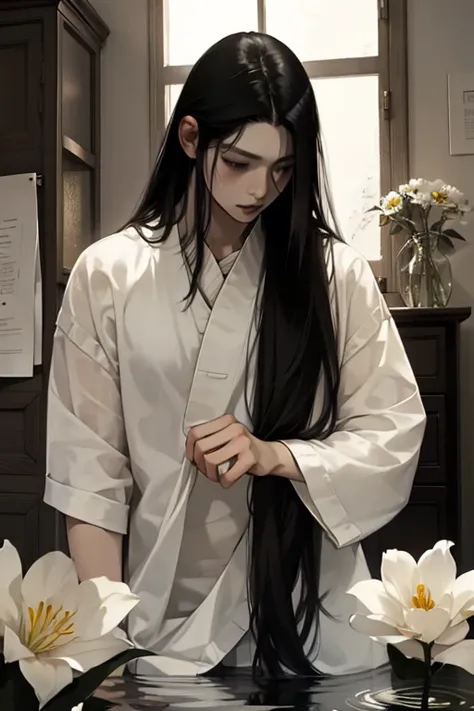 male性，male，Long black hair，long flowing hair，Soft Lighting，water ink，Low saturation，Low contrast，flower，百合のflower束，Neat and clean clothes